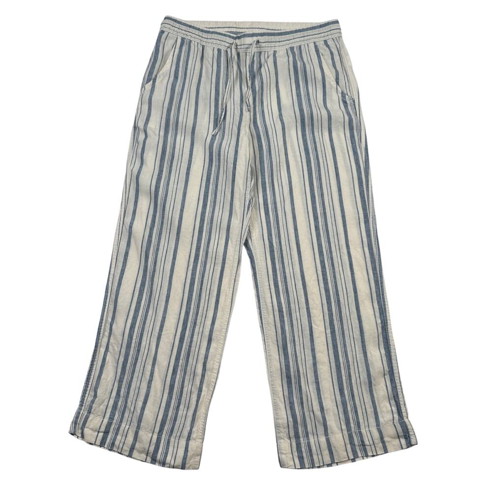 L.L. Bean Striped 100% Linen Pants Womens 10P Blue White Wide Leg Drawstring